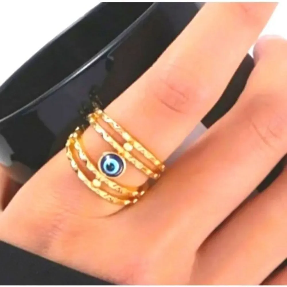 Bohemian Stylish Personality Blue Evil Eyes Golden Ring sz 9